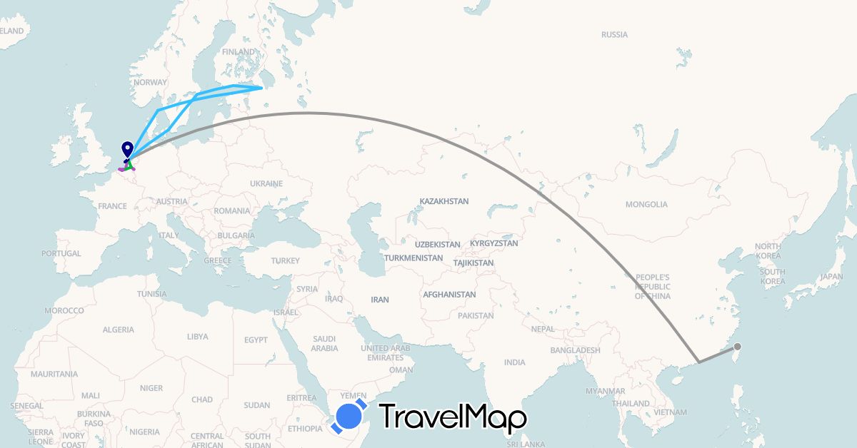 TravelMap itinerary: driving, bus, plane, train, hiking, boat in Belgium, Denmark, Estonia, Finland, Hong Kong, Netherlands, Russia, Sweden, Taiwan (Asia, Europe)